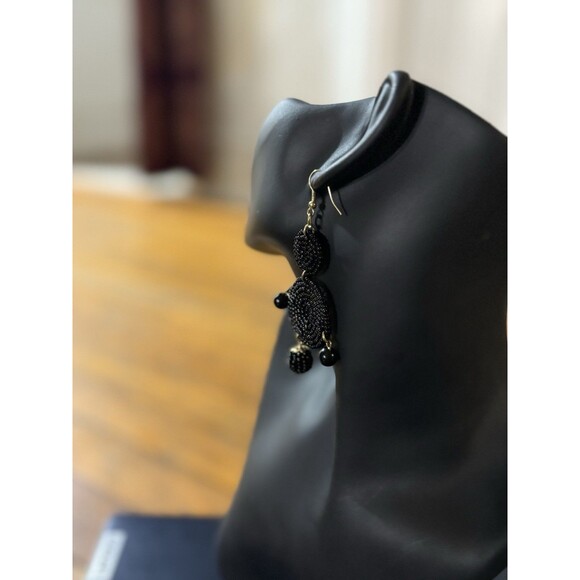 Beaded Drop Earrings Black, Seed Beaded Disc Drop Earrings, Statement 3.5” - Picture 2 of 10